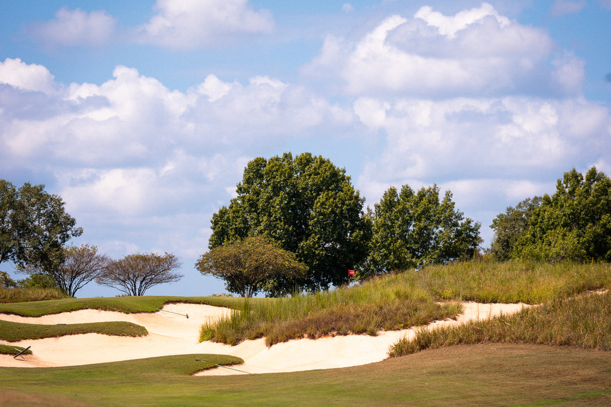 A scenic landscape of a golf course with sand bunkers, green grass, trees, and a blue sky with white clouds.